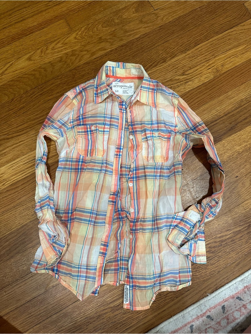 Aeropostale Pastel Plaid Button-Up Shirt in Peach, Blue & White
